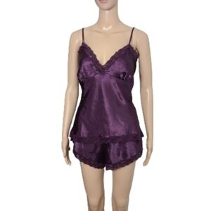 La Vie En Rose Purple Satin Cami Shorts Set Sleepwear Soft Lacey Lingerie L/XL